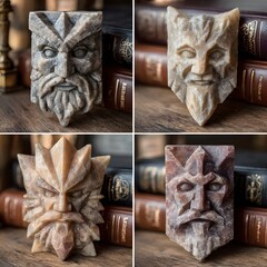Ancient Carvings: A collection of intricate stone carvings, each depicting a unique face with distinct features, showcasing ancient craftsmanship and artistic skill.