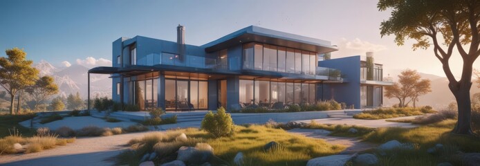 Blueprint overlay on a vibrant landscape photo  Architectural design aesthetic , vector, photography, plan