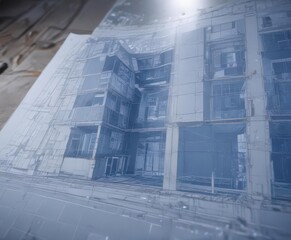 Blueprint overlay on photo; technical architectural design feel , draft, texture