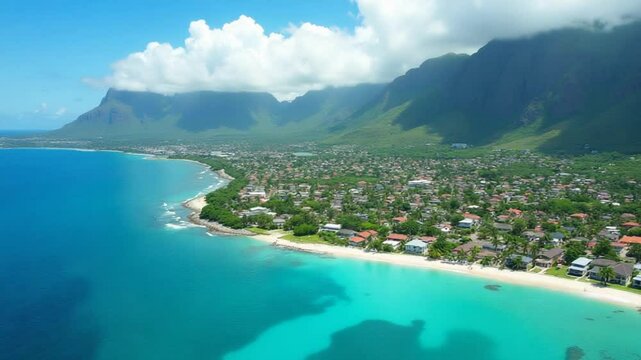 bird's eye view of a suburb with a beautiful white beach on the island of Mauritius.
