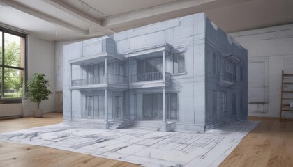 Blueprint photo effect mockup with architectural sketch overlay,  high-resolution,  template