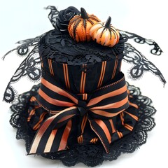 Mini Halloween Top Hat with Striped Ribbon, Lace, and Pumpkin Decoration
