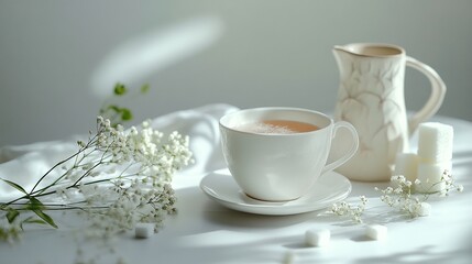 Serene still life of tea cup, sugar cubes, flowers, and pitcher on a bright table