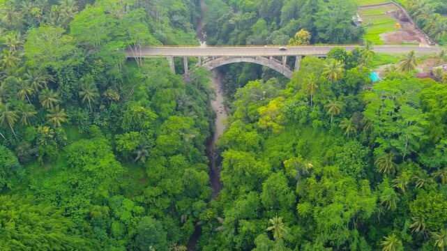Drone captures the iconic Tukad Bangkung Bridge in Bali, a towering structure with panoramic views of dense green forest landscape.