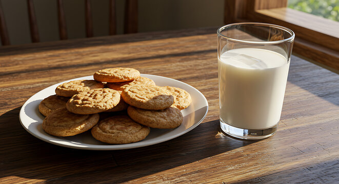 Cookies and Milk: A delightful plate of cookies and a glass of milk sit on a wooden table, bathed in natural light. A charming close-up of this inviting pairing.