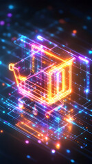 Obraz premium Glowing neon shopping cart digitally rendered within a vibrant, abstract technological backdrop