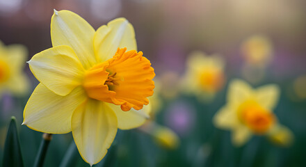 Fototapeta premium Golden Daffodil's Charm: A close-up of a vibrant, radiant yellow daffodil in full bloom, bathed in the soft glow of morning light, symbolizing new beginnings and the arrival of spring.