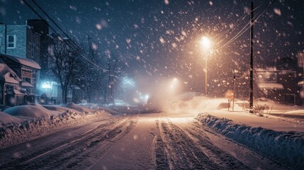 A snowy street scene at night under a flurry of snow.