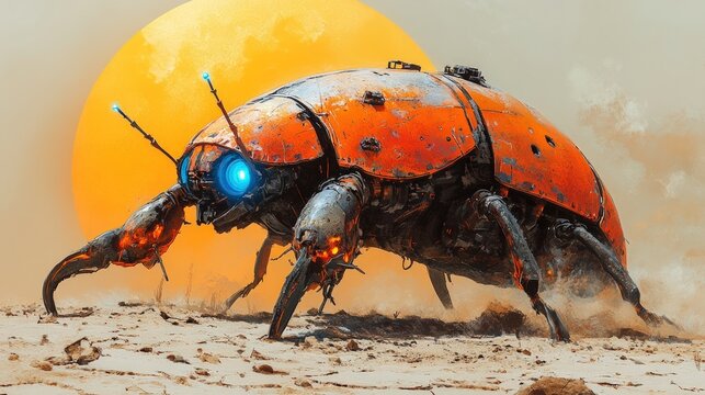 Rusty orange beetle-like robot traversing a desert landscape under a large sun