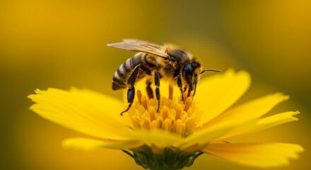 Harmony of Nature: A detailed macro captures a bee delicately perched upon a vibrant yellow flower, a scene of nature's intricate beauty and pollination.