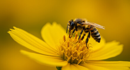 Honey Bee on Yellow Flower: A honey bee, its tiny legs gripping the yellow center of a delicate flower, diligently gathers nectar, its striped body a vibrant contrast against the warm.