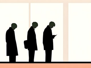 Waiting in Line: Three individuals stand patiently in a queue, each absorbed in their own thoughts. The minimalist illustration uses silhouettes against a muted background.
