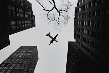 Airplane soaring between skyscrapers