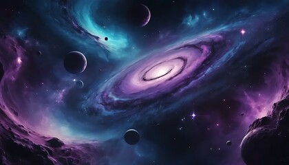 A visually stunning nebula with swirling colors of purple, blue and planets evokes wonder.