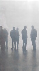 Mysterious Gathering: A group of silhouetted figures stand together in a dense, atmospheric haze, the scene is one of intrigue and anticipation. The ethereal atmosphere obscures identities.