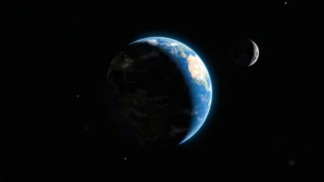 Earth And Moon In The Space. This stock motion graphics clip demonstrates the Earth and moon in space as the planet rotates. Earth's different land and ocean features are visible.