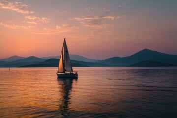 Sailboat at Sunset Over Serene Mountains