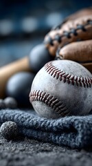 Fototapeta premium Baseball Gear Still Life: A detailed composition showcasing the essential elements of baseball, with a focus on texture and craftsmanship. The arrangement includes a baseball, a weathered glove.