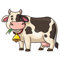 Cartoon cow with bell on its neck eating grass.eps