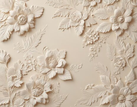 Delicate cream background with embossed floral pattern, elegant design, surface, damask, art