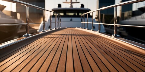 Close-up of luxury yacht deck with polished wooden finish, showcasing elegant craftsmanship, marine engineering, and premium lifestyle in nautical travel and boat design detail

