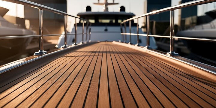 Close-up of luxury yacht deck with polished wooden finish, showcasing elegant craftsmanship, marine engineering, and premium lifestyle in nautical travel and boat design detail


