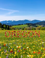 Obraz premium Springtime wildflowers in oregon meadow with mountain view