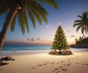 Lush tropical beach; lone Christmas tree sparkles with lights and ornaments ,  lighting,  festive