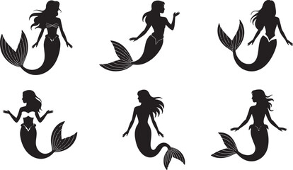Six silhouettes of beautiful mermaids swimming