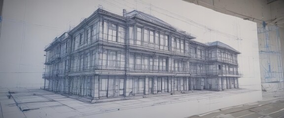 Blueprint effect applied to architectural sketches, creating a technical aesthetic ,  graphic design,  artwork