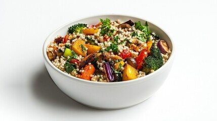 Pearl couscous salad in a white bowl with roasted vegetables, herbs, and olive oil