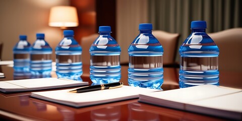 Row of plastic water bottles neatly placed on polished conference table with notepads and pen, representing corporate meeting setup, hydration, and business preparation environment

