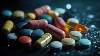 Assorted pills and capsules on dark surface
