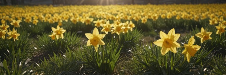 Glistening yellow daffodil petals in a sun-drenched field ,  countryside,  vibrant