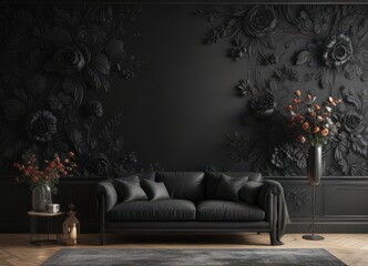 Intricate black charcoal floral wallpaper  Elegant, luxurious, stylish interior design ,  black,  sophisticated