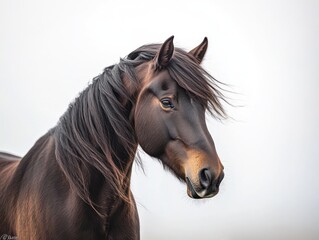 Fototapeta premium Majestic horse portrait, head and shoulders. Dark brown coat, flowing mane and tail. Calm and elegant