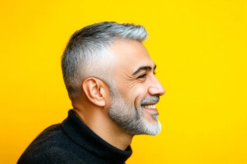 Obraz premium Visual idea of style for aging men. Classy men's buzz cut haircut - midlife middle eastern man with long hair. A graceful mature man with a modern hairstyle. Yellow solid background.
