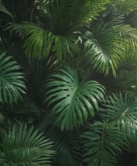 Intricate palm leaves, vibrant emerald & jade greens, sunlight dappled , plant, vacation
