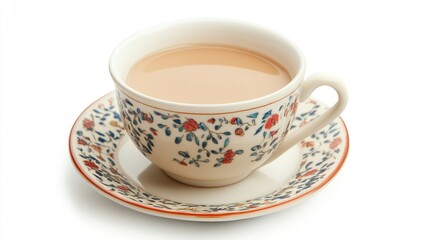 Floral teacup & saucer hold milk tea on a white backdrop, high-angle, center-framed