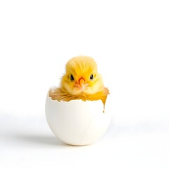 Fluffy Baby Chick Emerging from a Cracked Eggshell on White Background