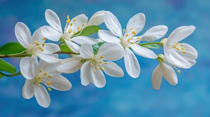 Fototapeta premium Delicate white blossoms on a branch against a vibrant blue backdrop.