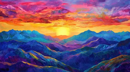 Vibrant vista: an oil painted mountain range aglow with sunset hues