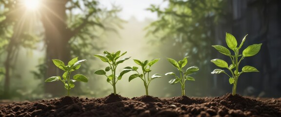 Vibrant green coffee seedlings sprout, reaching sunlight ,  agriculture,  photography