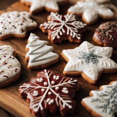 Assortment of Christmas cookies decorated with snowflakes and trees. Festive treats on a wooden board.