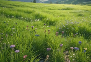 Vibrant green grass, lush meadow, wildflowers in bloom,  blossom,  vibrant