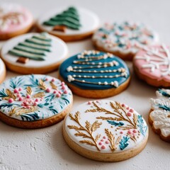A delightful assortment of intricately decorated Christmas cookies. Each cookie boasts a unique design, showcasing a variety of festive patterns and colors.