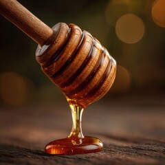Golden honey dripping from a wooden dipper. Sweetness captured in a close-up shot.