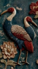 Fototapeta premium Crane's wall relief: Captured two majestic cranes in a detailed relief on a textured wall, highlighting the unique style and the intricate craftsmanship with artistic flair.