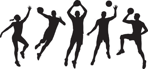 Silhouettes of athletes playing various ball sports
