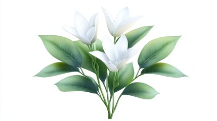 Stunning white flowers with vibrant green leaves on pristine white background elegant